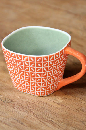 Rectangular Kawung Mug (Orange & Light Green )