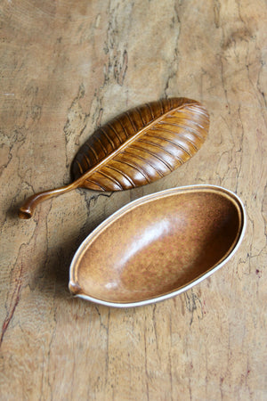 Long Ceramic Leaf Box with Teak Cover (Brown)