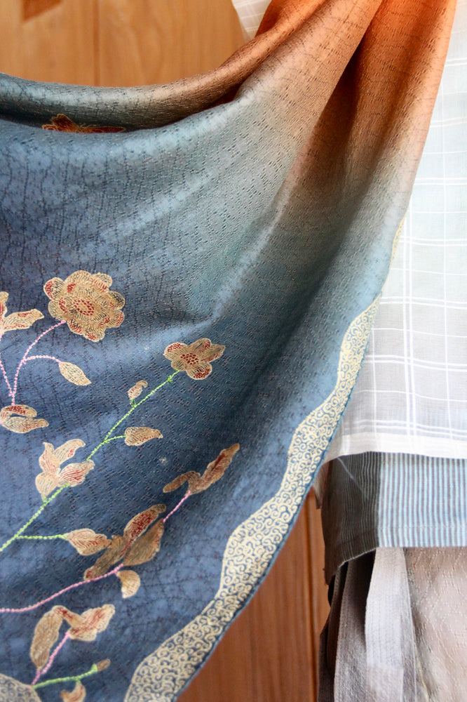 Gardenia Narrow Silk Shawl (Blue & Orange)