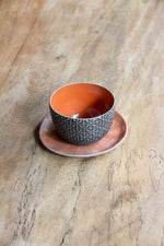 Kawung Herringbone Round Cup & Saucer Set (Teal & Orange)