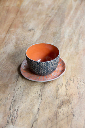 Kawung Herringbone Round Cup & Saucer Set (Teal & Orange)