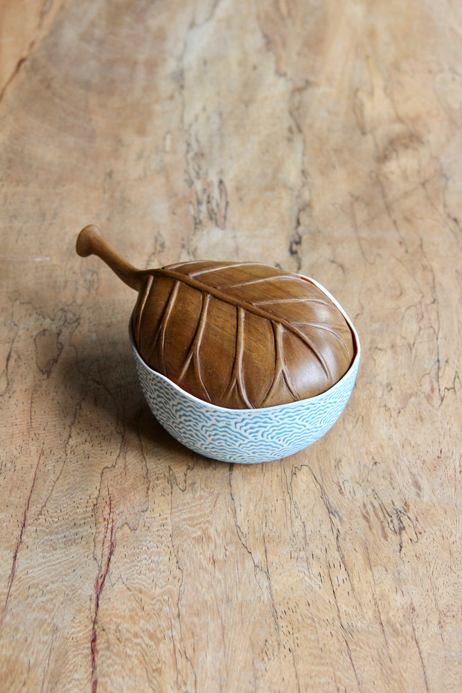 Small Ceramic Leaf Box with Teak Cover (Blue & Orange)