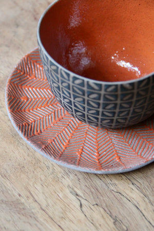 Kawung Herringbone Round Cup & Saucer Set (Teal & Orange)