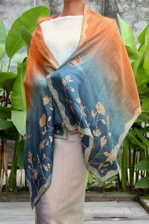 Gardenia Narrow Silk Shawl (Blue & Orange)