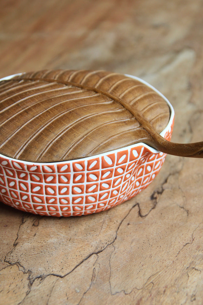 Large Ceramic Leaf Box with Teak Cover (Orange)