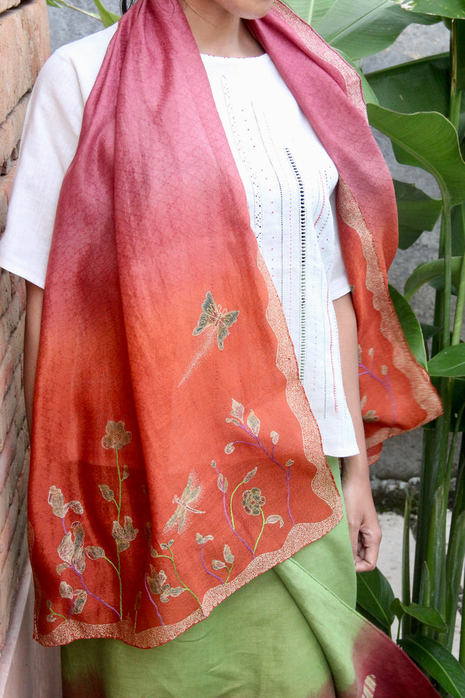 Gardenia Narrow Silk Shawl (Pink & Orange)