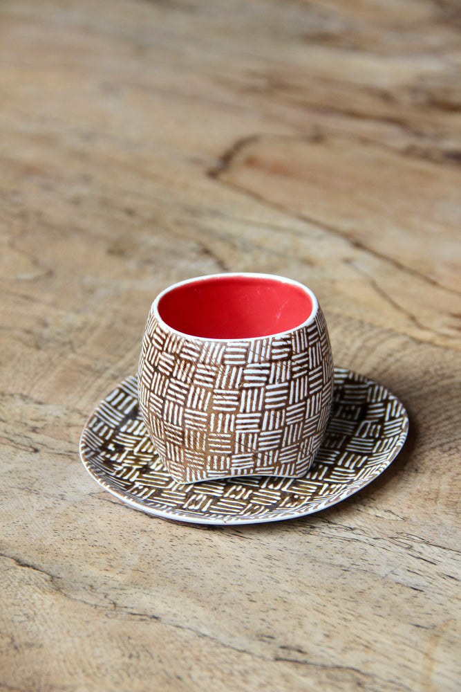 Gedek Espresso Cup & Saucer (Brown & Red)