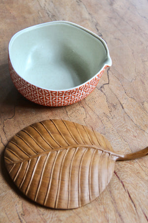 Large Ceramic Leaf Box with Teak Cover (Orange)