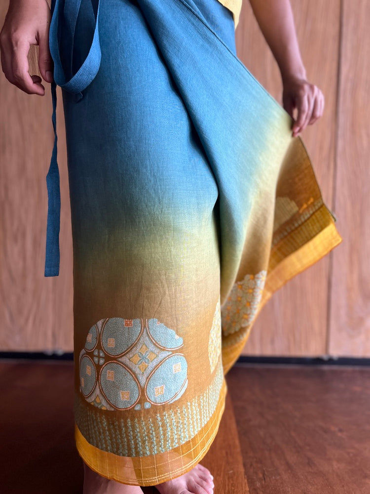 Kawung Shibori Linen Sarung Ikat (Blue & Yellow)