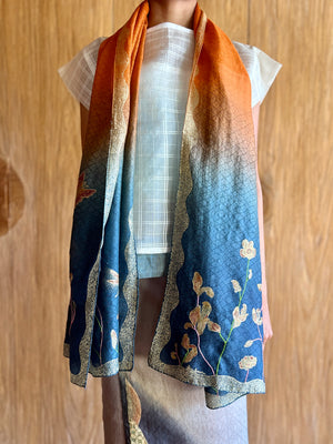 Gardenia Narrow Silk Shawl (Blue & Orange)