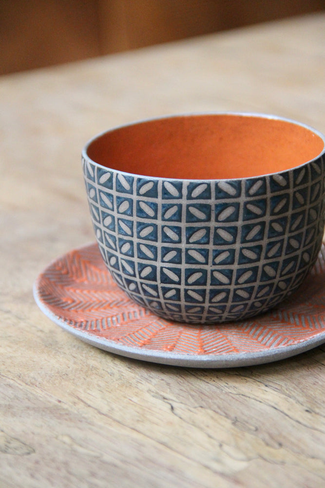 Kawung Herringbone Round Cup & Saucer Set (Teal & Orange)