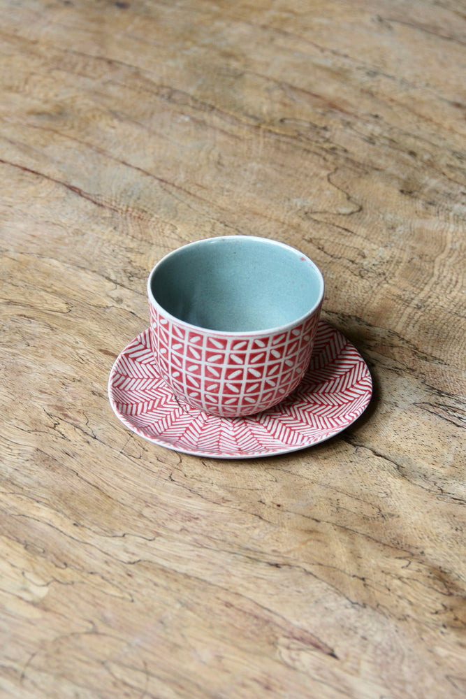 Kawung Herringbone Round Cup & Saucer Set (Red & Dusty Blue)
