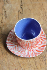 Kawung Herringbone Round Cup & Saucer Set (Orange & Blue)