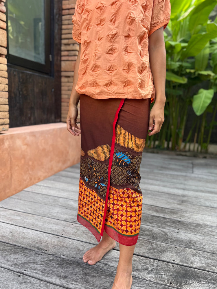 Kawung Batu Karang Cotton Sarung Ikat (Brown, Orange & Red)